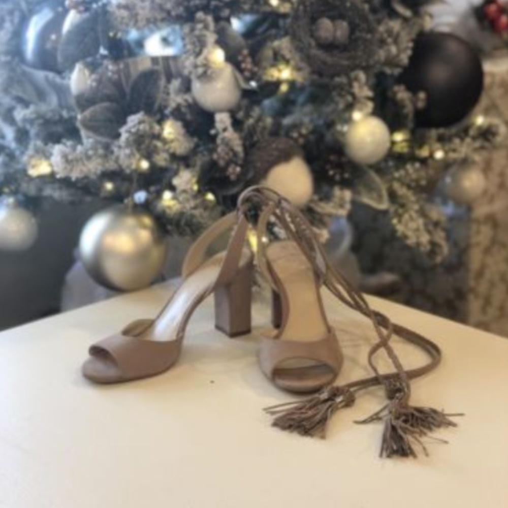 Vince Camuto Nude Leather Ankle Tie Block Heel